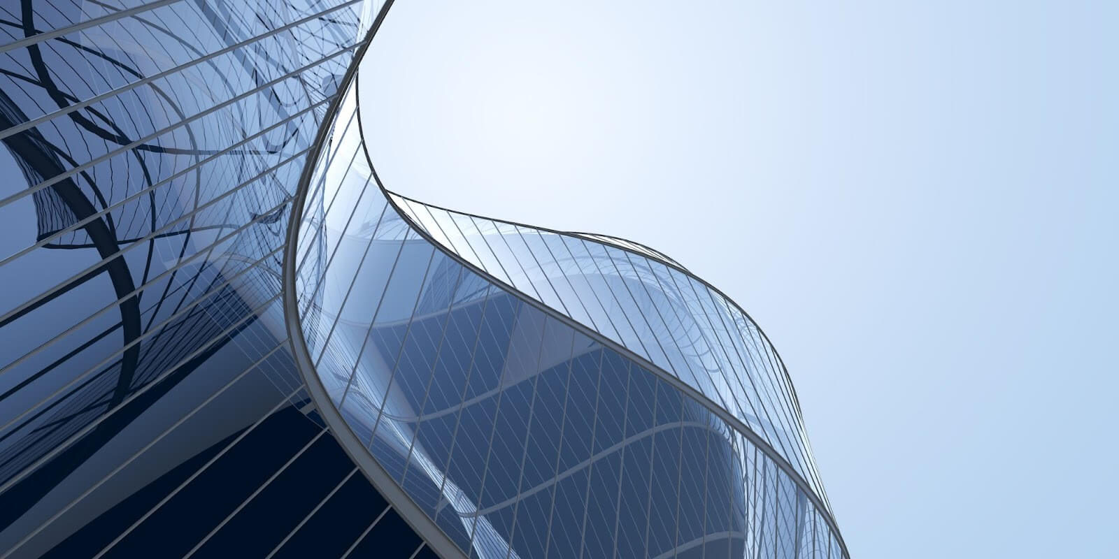 The glass roof of a unique commercial building weaves in an S-like motion.